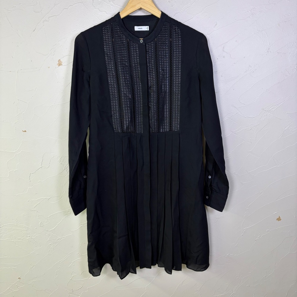 VINCE Pleated Shirt Dress Women 10 Black 100% Silk Dark Academia Goth LBD Luxury